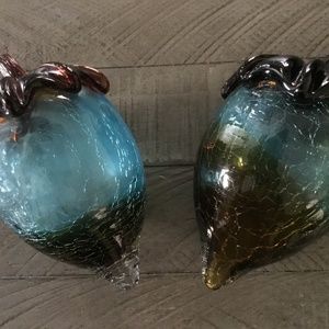 Vintage Art Crackle Glass Acorn Paperweights Blue and Amber Set of 2